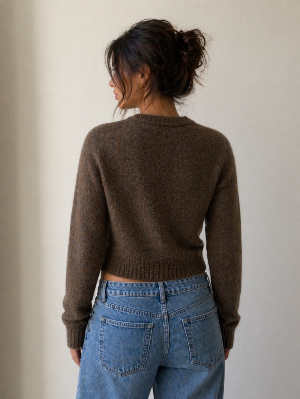 Acne Studios 100% Wool Sweater Womens S/M Brown Cropped Crewneck Luxury Knit - Picture 2 of 11